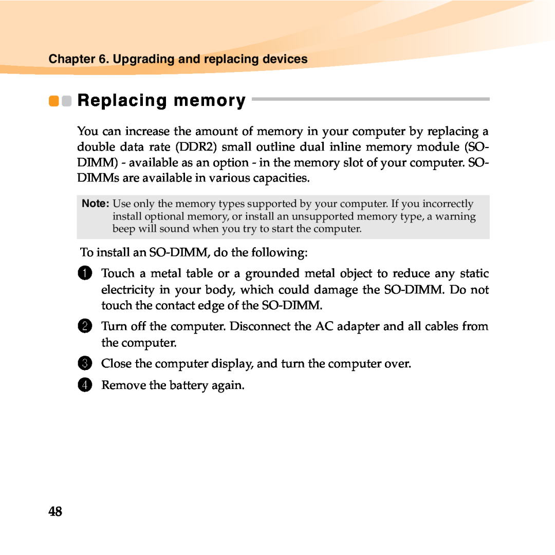 Lenovo B450 manual Replacing memory 