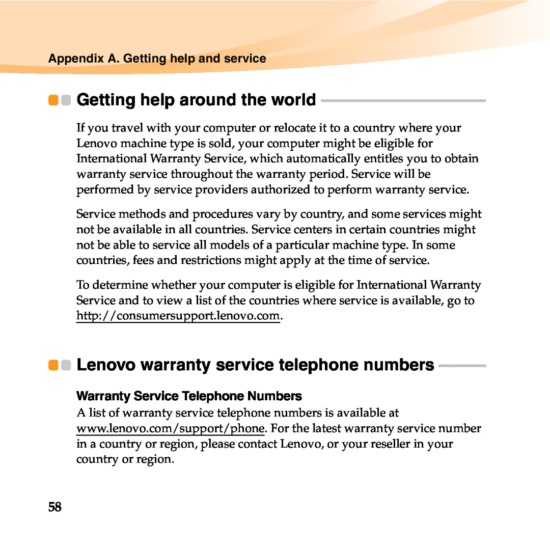 Lenovo B450 manual Lenovo warranty service telephone numbers, Getting help around the world 