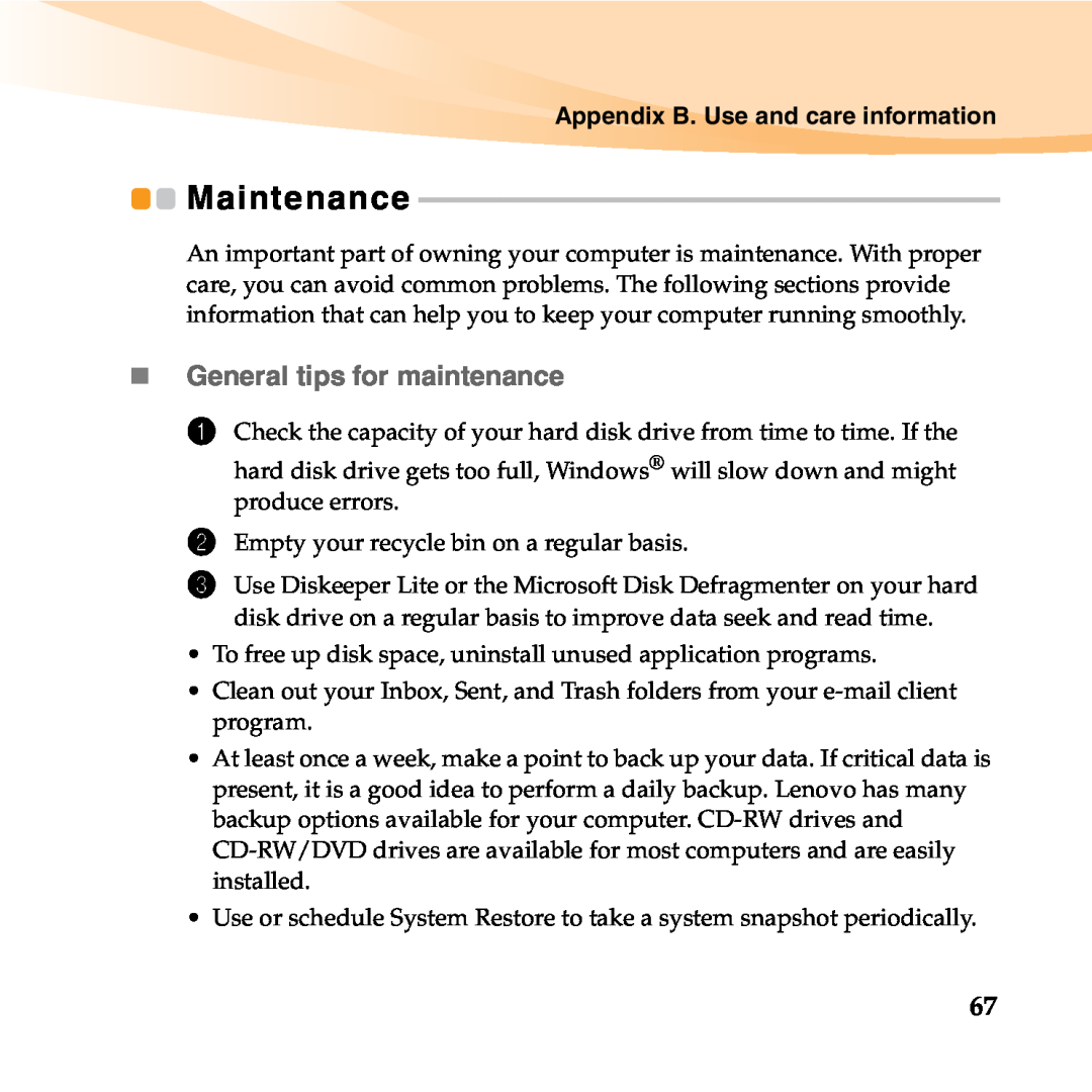 Lenovo B450 manual Maintenance, „General tips for maintenance 