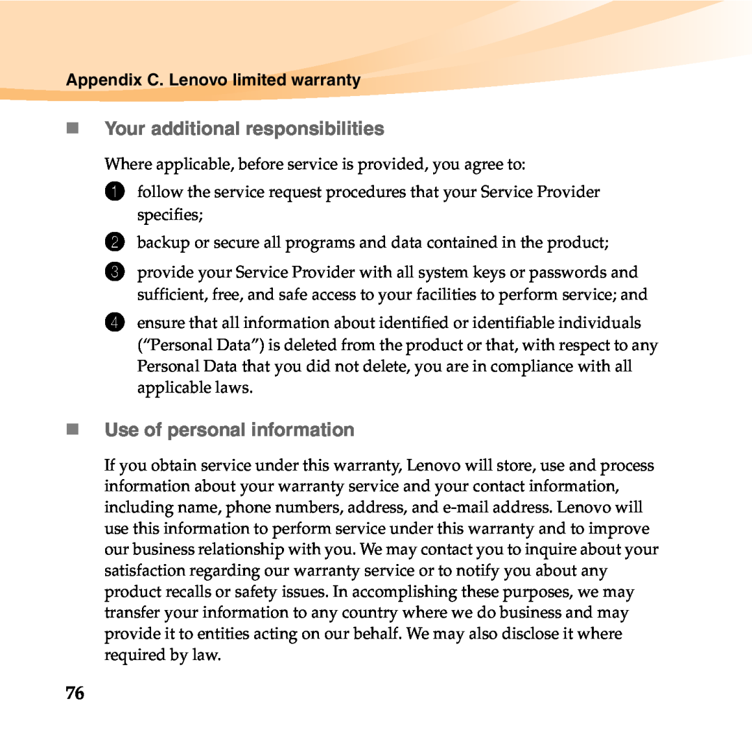 Lenovo B450 manual „Your additional responsibilities, „Use of personal information 