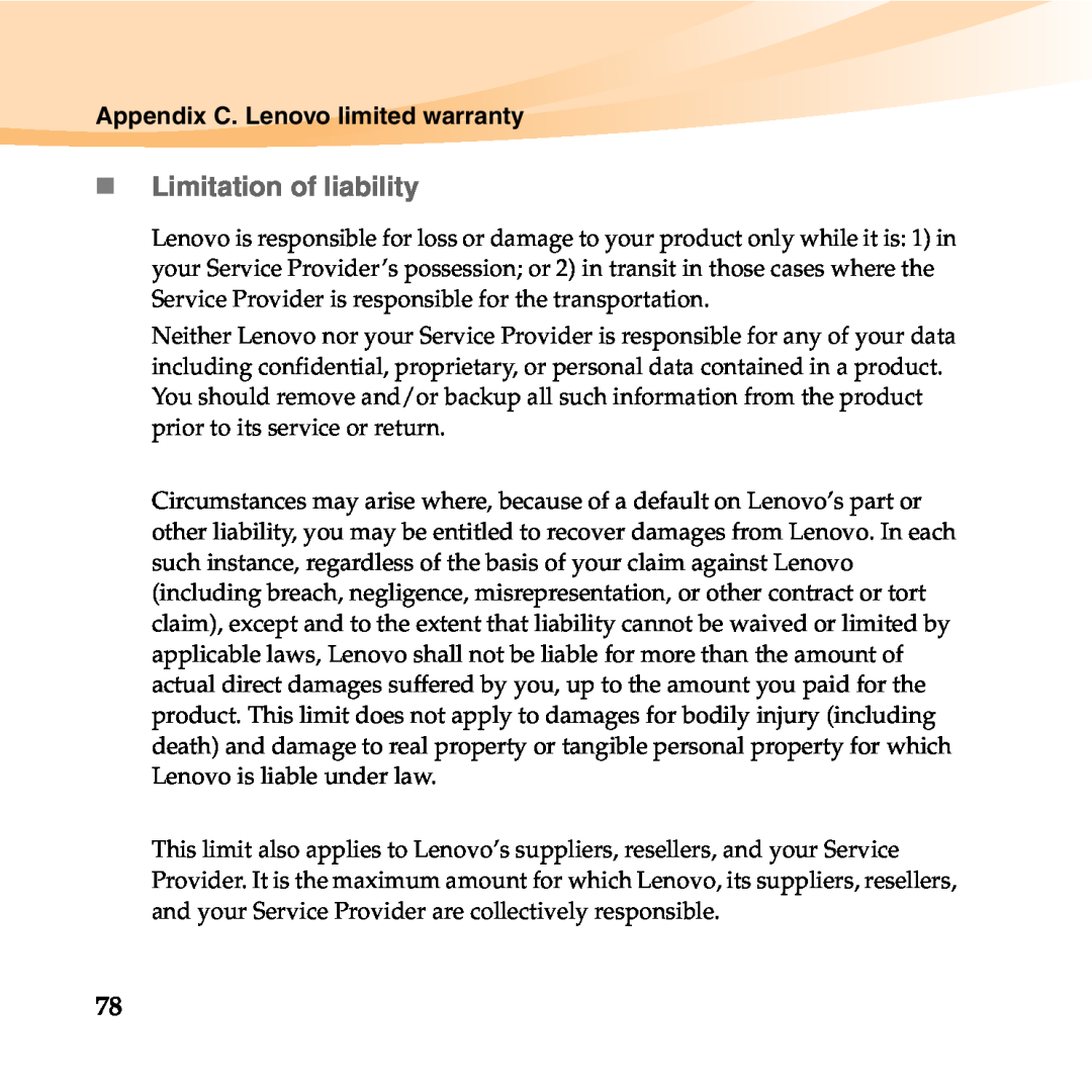 Lenovo B450 manual „Limitation of liability 