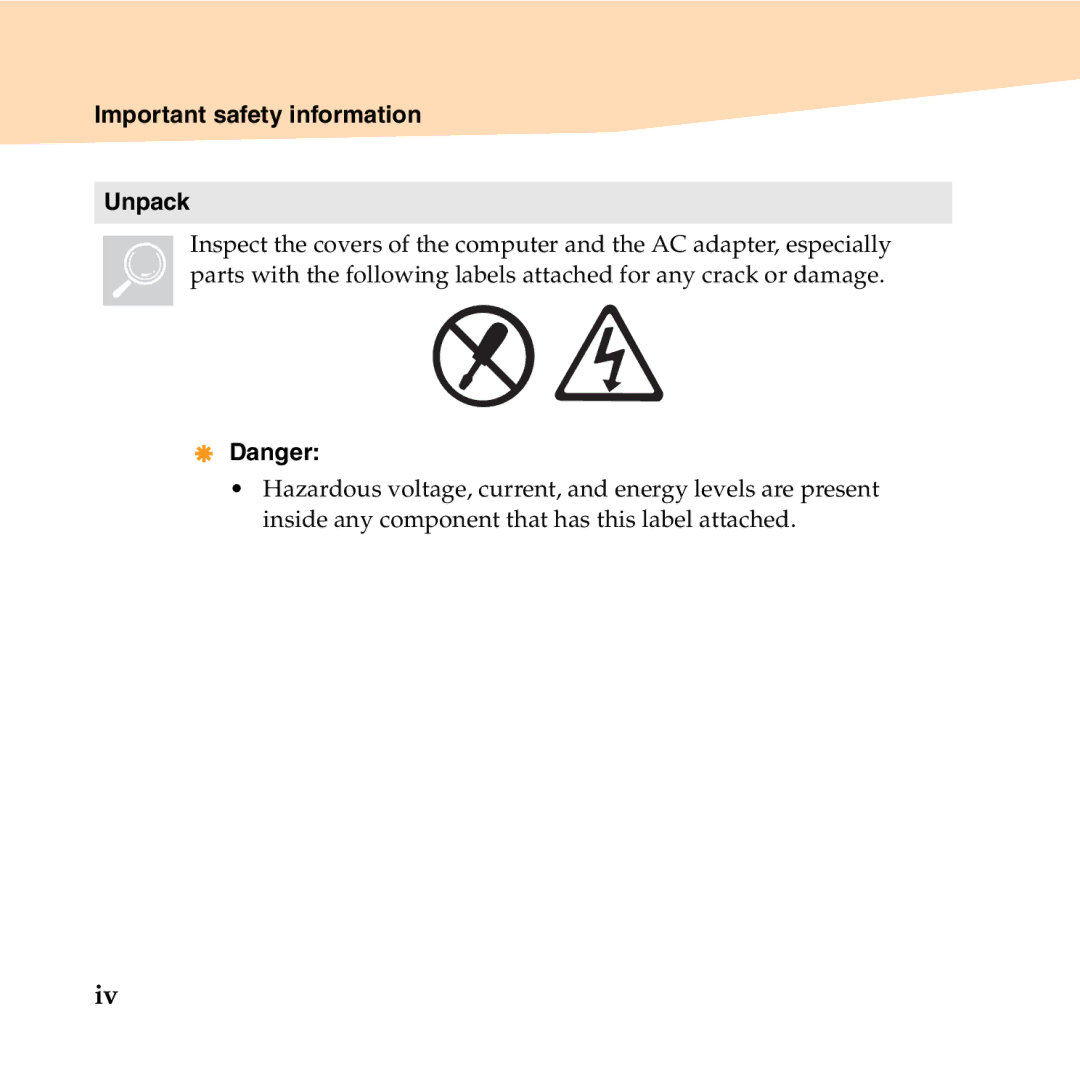 Lenovo B450 manual Important safety information Unpack 