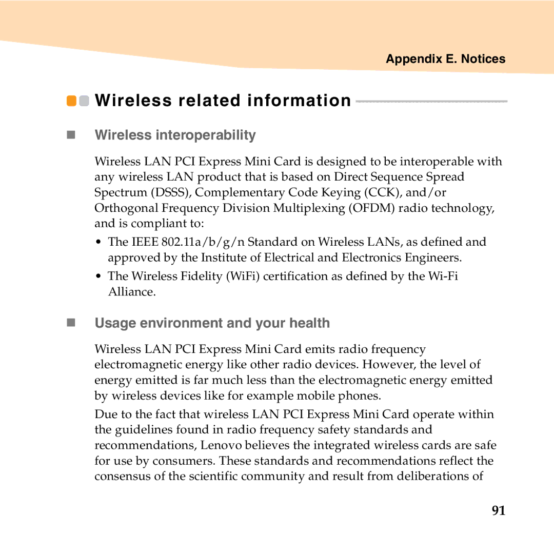 Lenovo B450 manual Wireless related information, „ Wireless interoperability, „ Usage environment and your health 