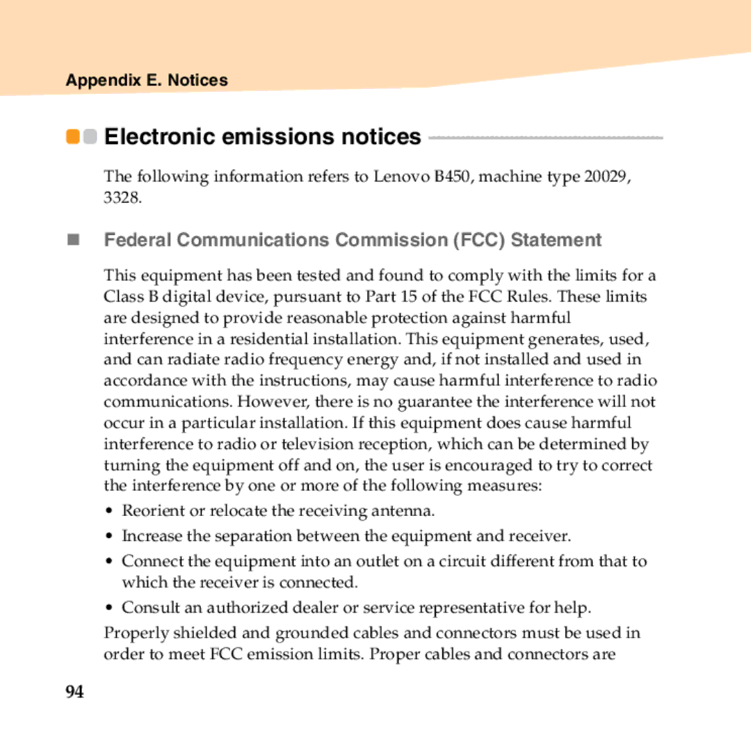 Lenovo B450 manual Electronic emissions notices, „ Federal Communications Commission FCC Statement 