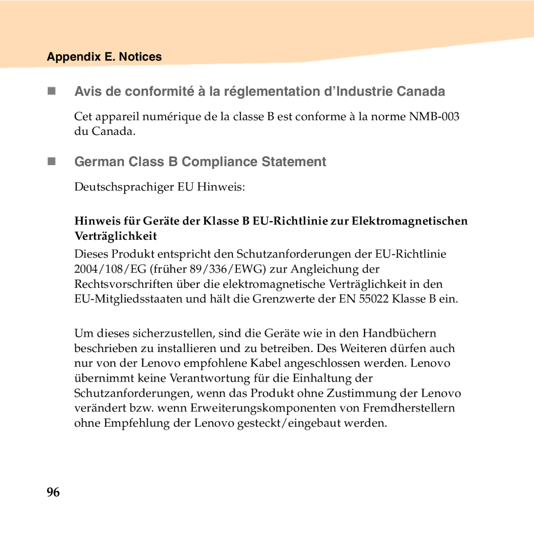 Lenovo B450 manual „ Avis de conformité à la réglementation d’Industrie Canada, „ German Class B Compliance Statement 