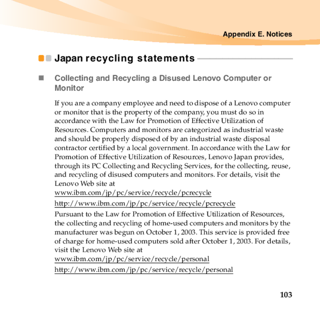 Lenovo B450 manual Japan recycling statements 