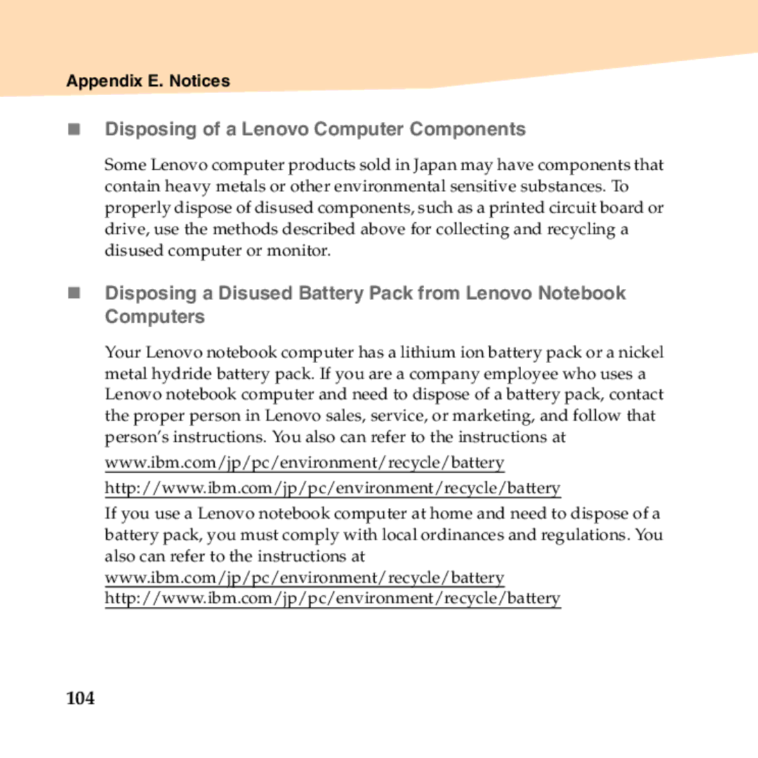 Lenovo B450 manual „ Disposing of a Lenovo Computer Components, 104 