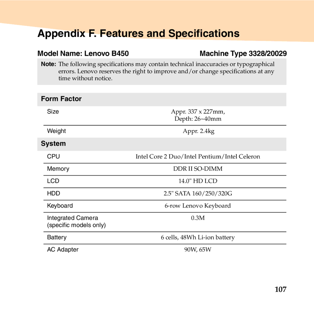 Lenovo manual Appendix F. Features and Specifications, Model Name Lenovo B450, Form Factor, System 