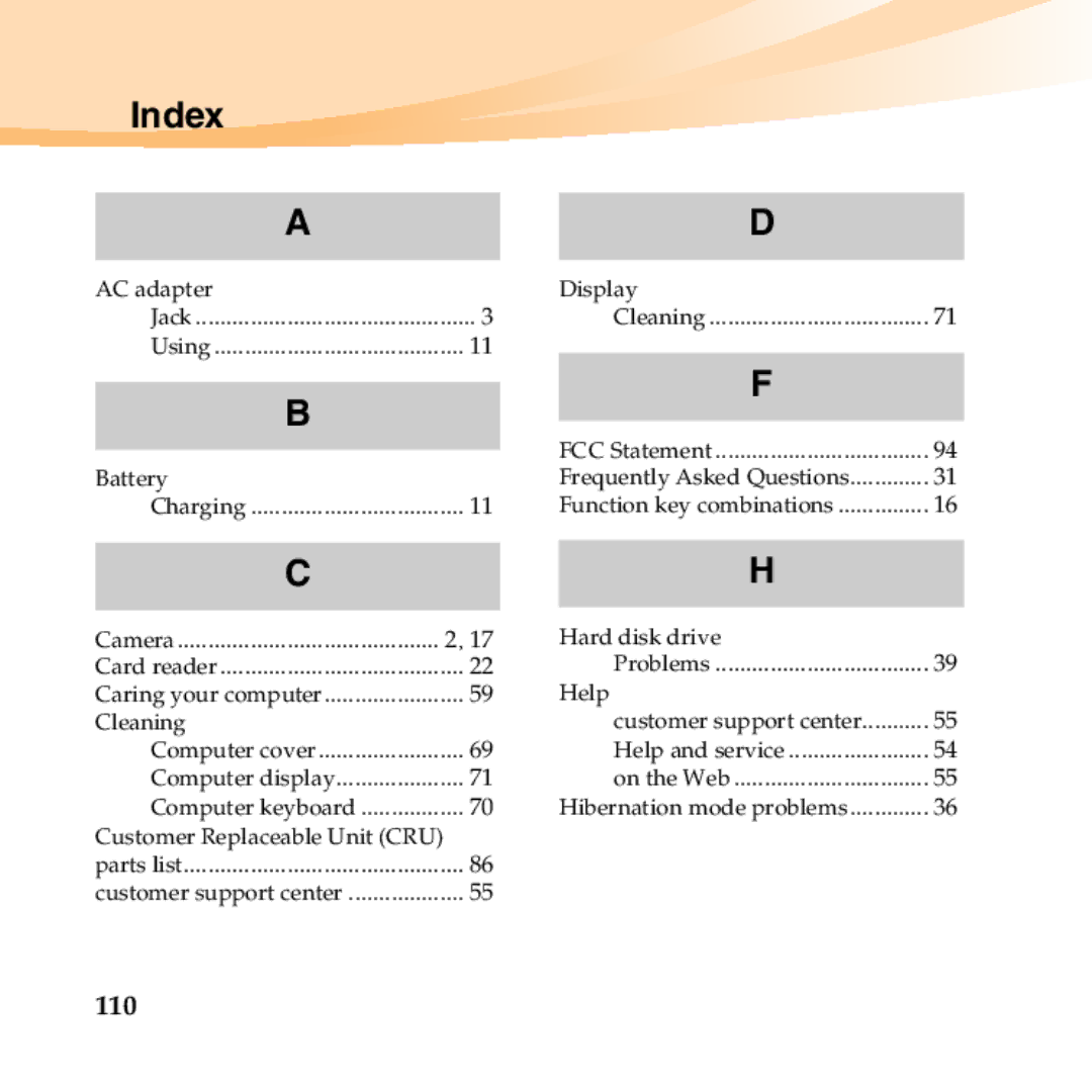 Lenovo B450 manual Index, 110 