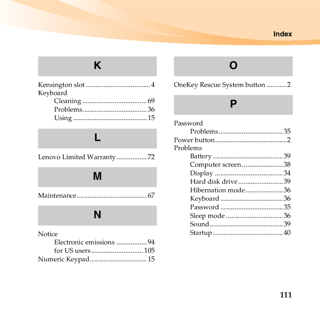 Lenovo B450 manual Index, Cleaning Problems Using 