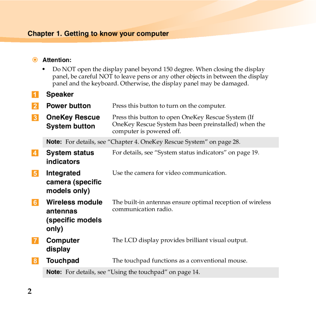 Lenovo B450 manual Getting to know your computer, Speaker Power button, System status, Indicators Integrated, Computer 