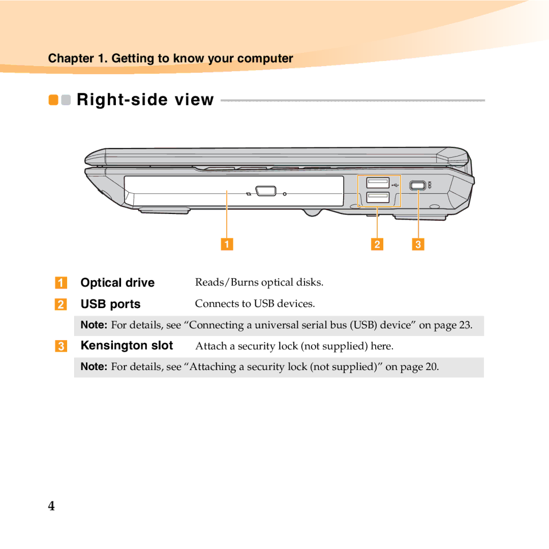 Lenovo B450 manual Right-side view, USB ports 