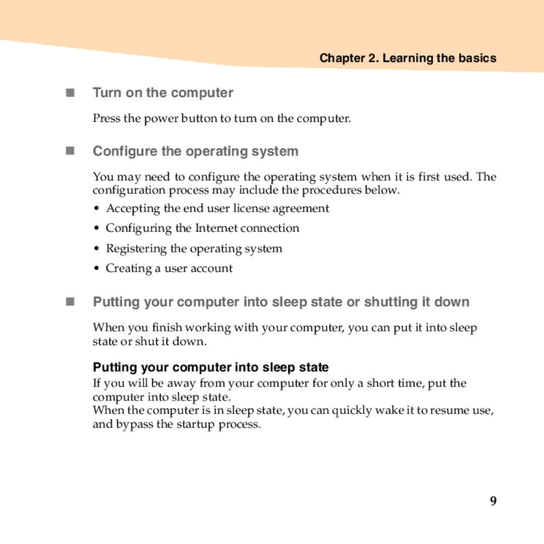 Lenovo B450 manual „ Turn on the computer, „ Configure the operating system, Learning the basics 