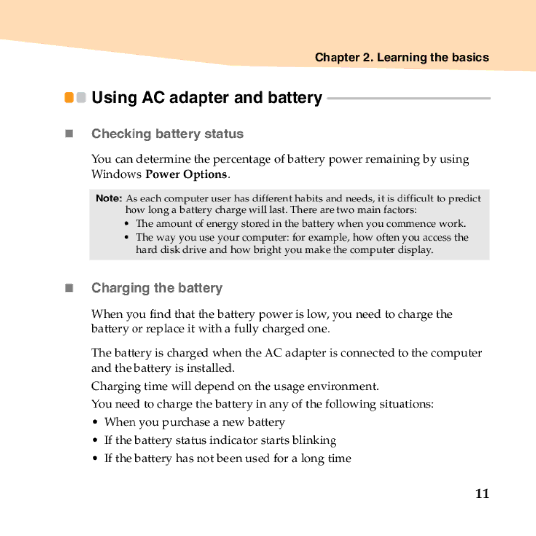 Lenovo B450 manual Using AC adapter and battery, „ Checking battery status, „ Charging the battery 