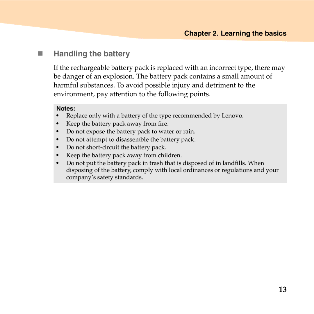 Lenovo B450 manual „ Handling the battery 