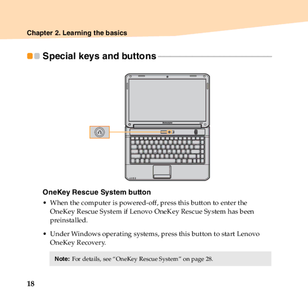 Lenovo B450 manual Special keys and buttons, OneKey Rescue System button 