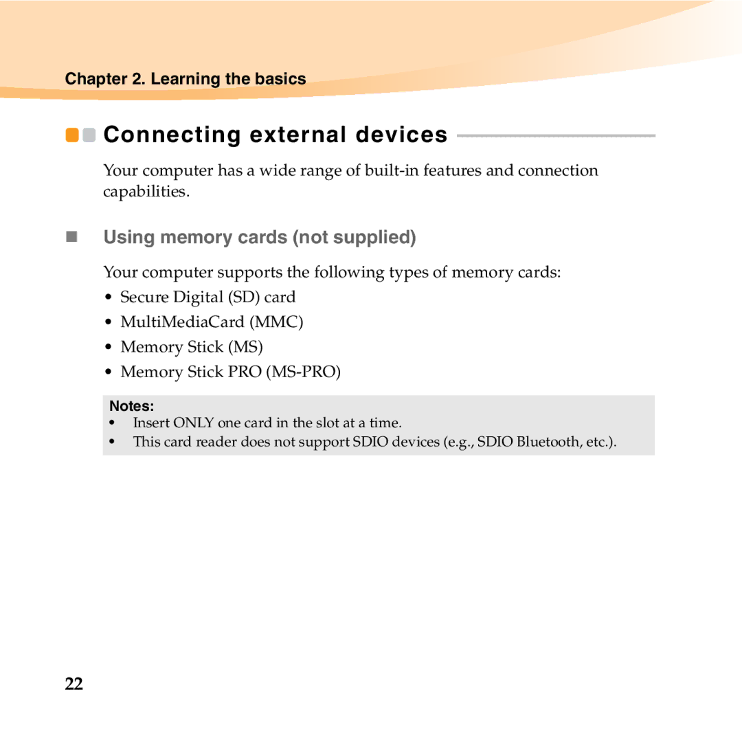 Lenovo B450 manual Connecting external devices, „ Using memory cards not supplied 