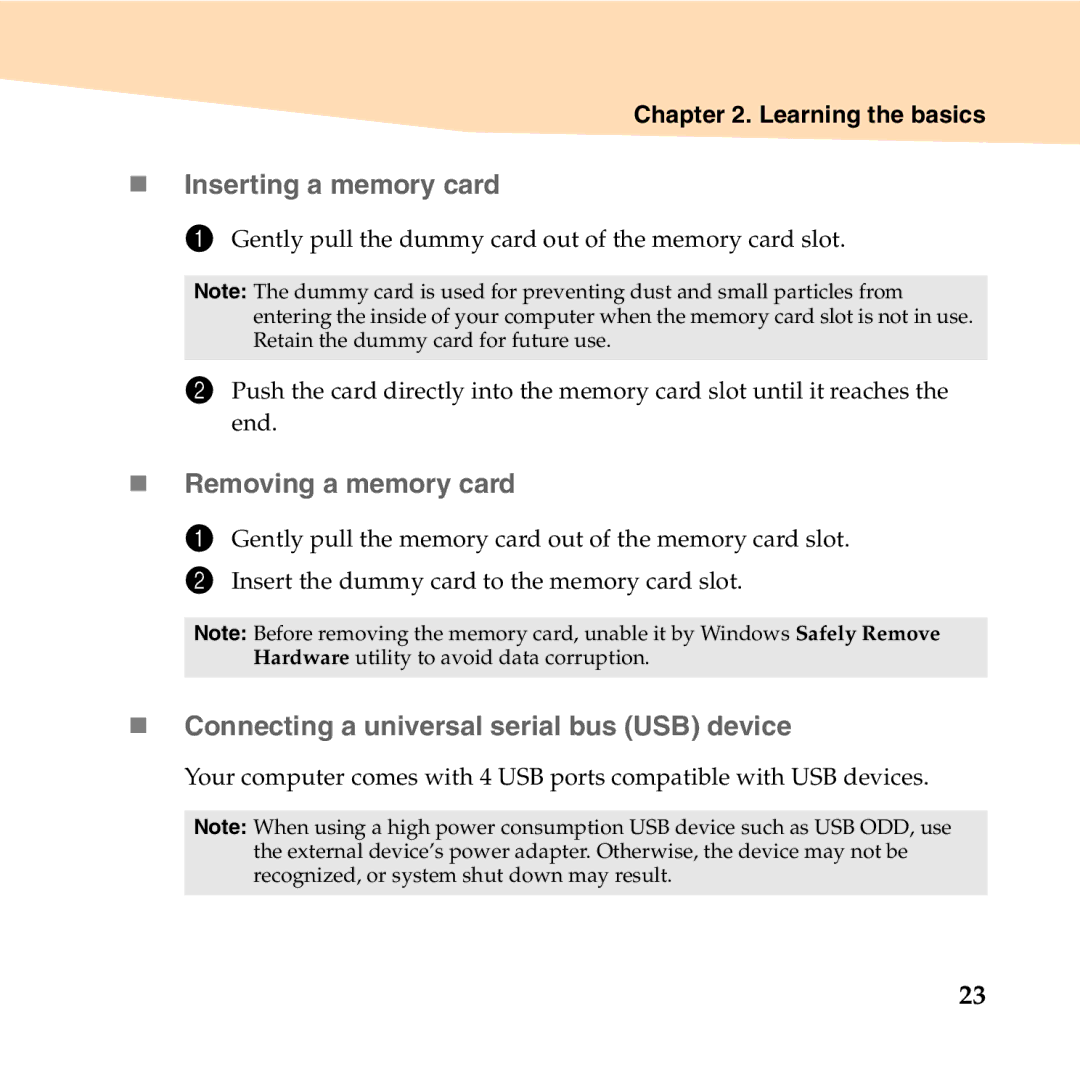 Lenovo B450 manual „ Inserting a memory card, „ Removing a memory card, „ Connecting a universal serial bus USB device 