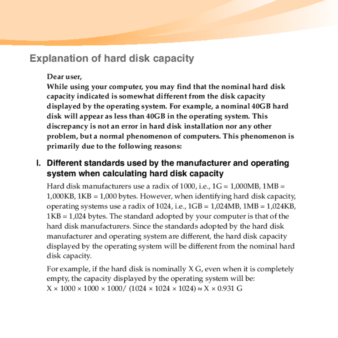 Lenovo B450 manual Explanation of hard disk capacity 