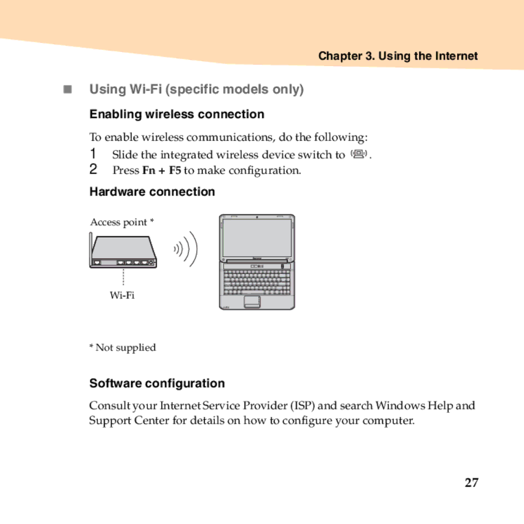 Lenovo B450 „ Using Wi-Fi specific models only, Enabling wireless connection, Hardware connection, Software configuration 