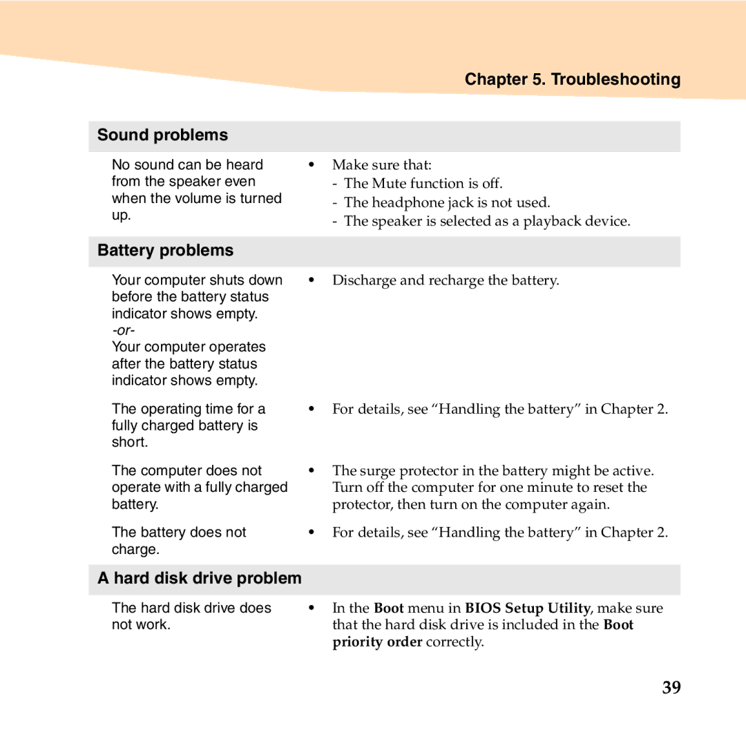 Lenovo B450 manual Troubleshooting Sound problems, Battery problems, Hard disk drive problem 