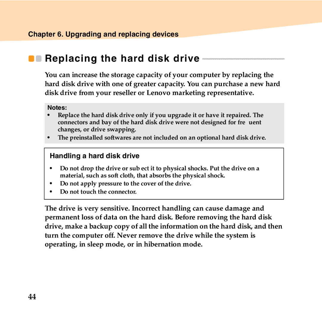 Lenovo B450 manual Replacing the hard disk drive, Handling a hard disk drive 