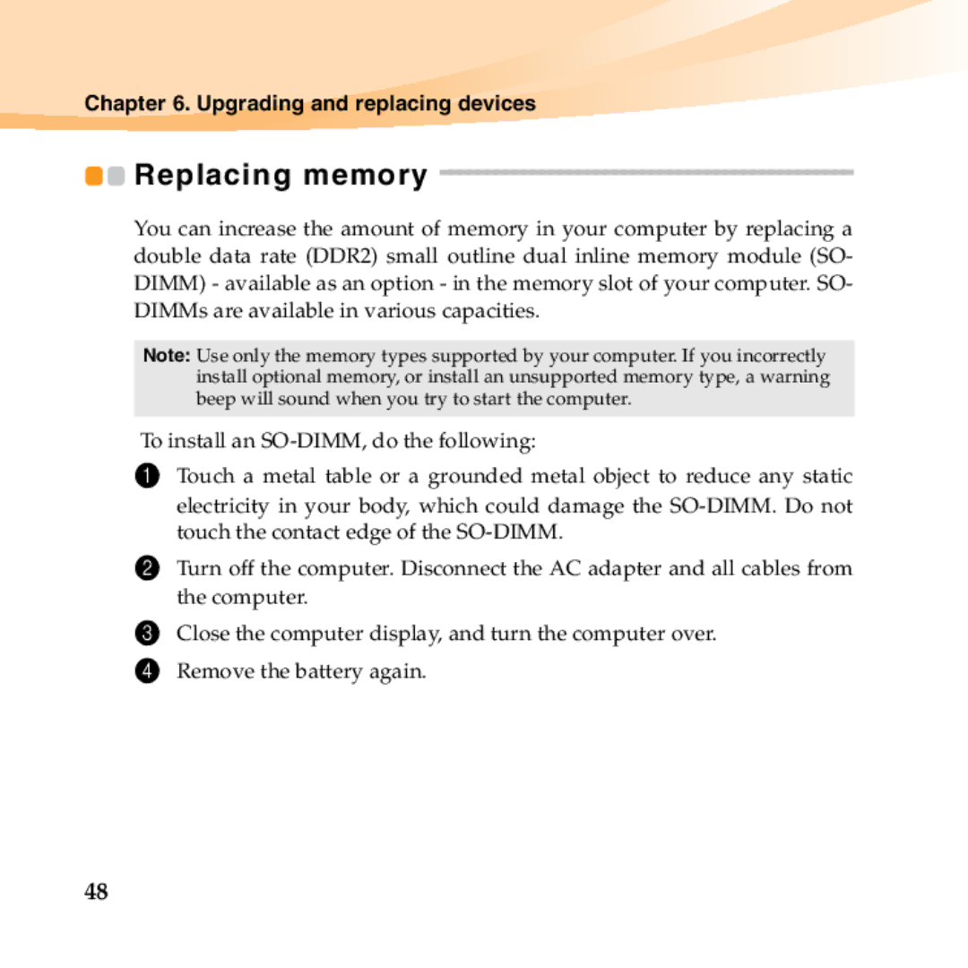 Lenovo B450 manual Replacing memory 