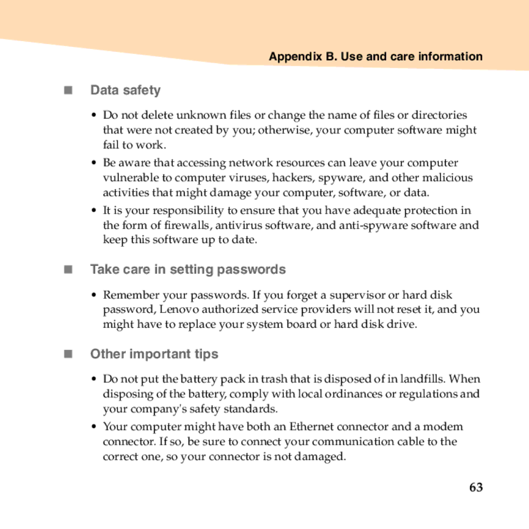 Lenovo B450 manual „ Data safety, „ Take care in setting passwords, „ Other important tips 