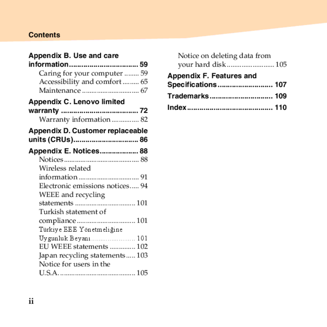 Lenovo B450 manual Contents Appendix B. Use and care, Appendix C. Lenovo limited, Appendix F. Features, 107, 109, 110 