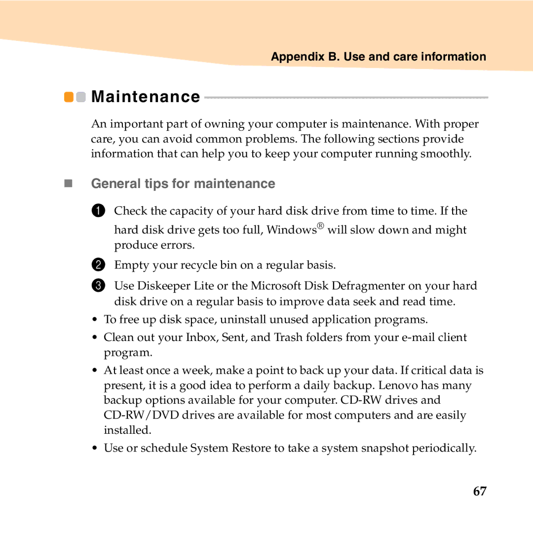 Lenovo B450 manual Maintenance, „ General tips for maintenance 