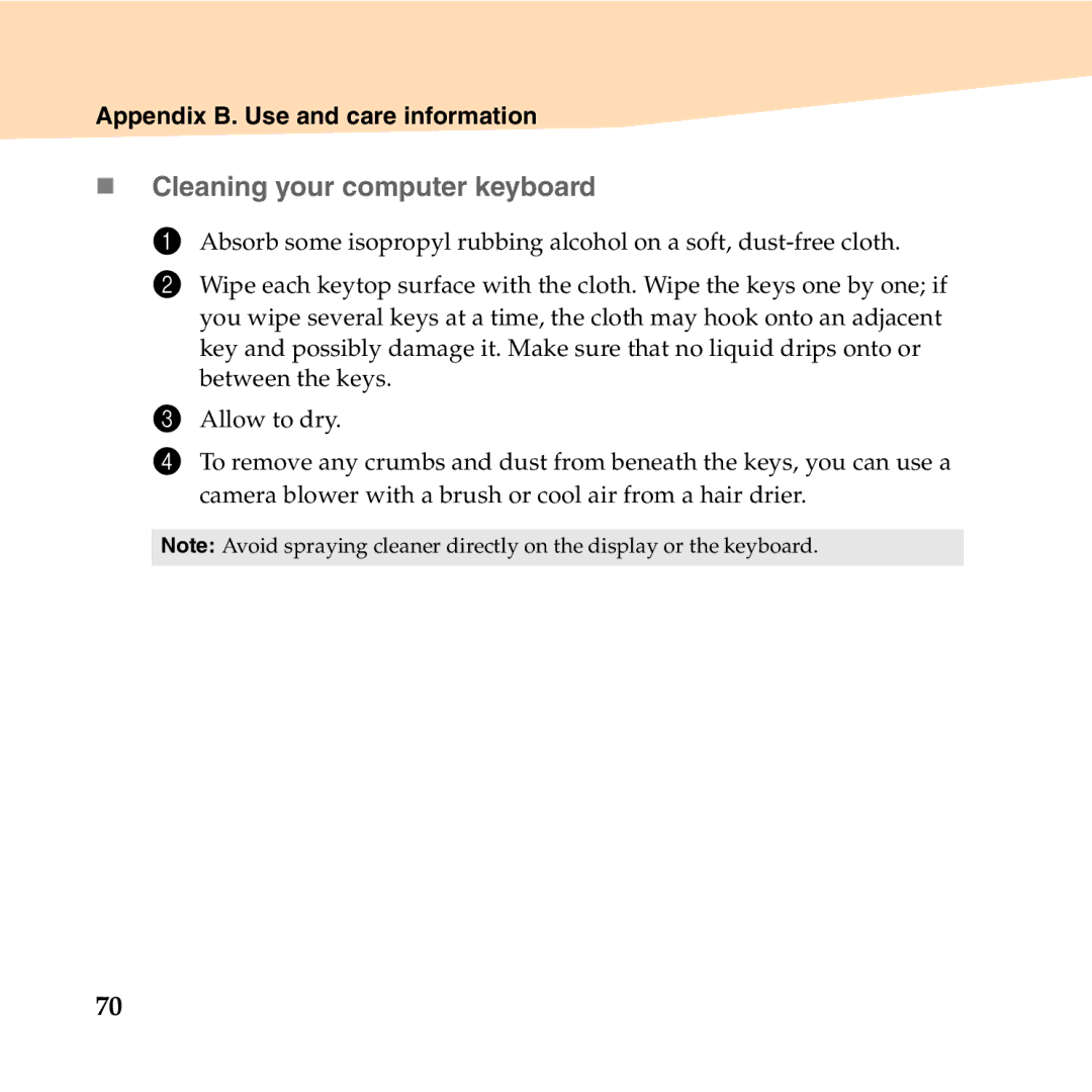 Lenovo B450 manual „ Cleaning your computer keyboard 