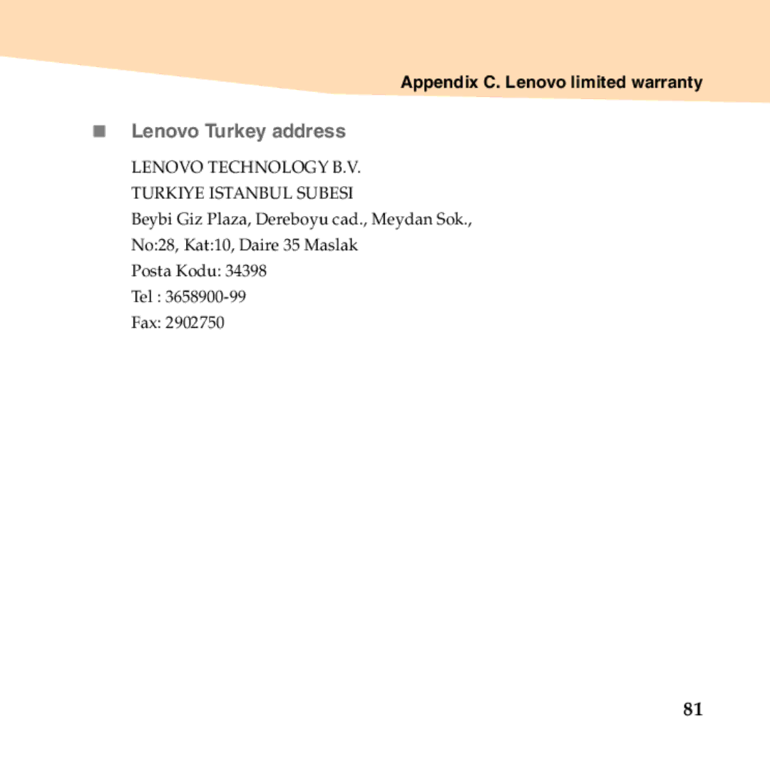 Lenovo B450 manual „ Lenovo Turkey address, Lenovo Technology B.V. Turkiye Istanbul Subesi 