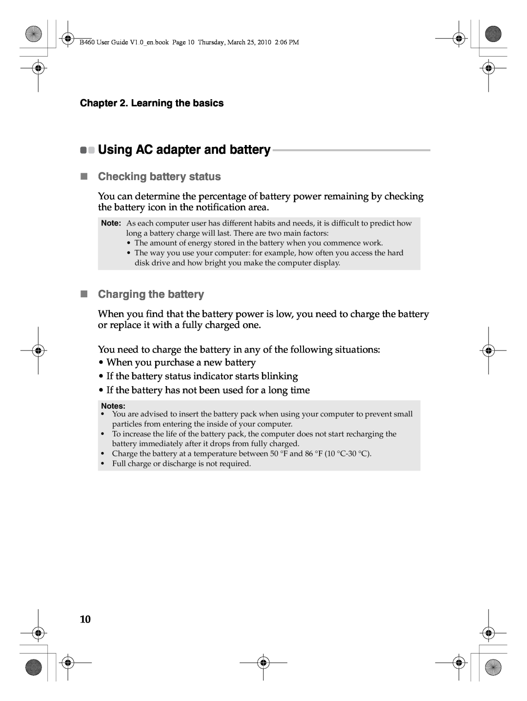 Lenovo B460 manual Using AC adapter and battery, „ Checking battery status, „ Charging the battery, Learning the basics 