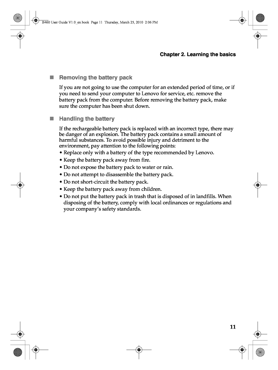 Lenovo B460 manual „ Removing the battery pack, „ Handling the battery, Learning the basics 