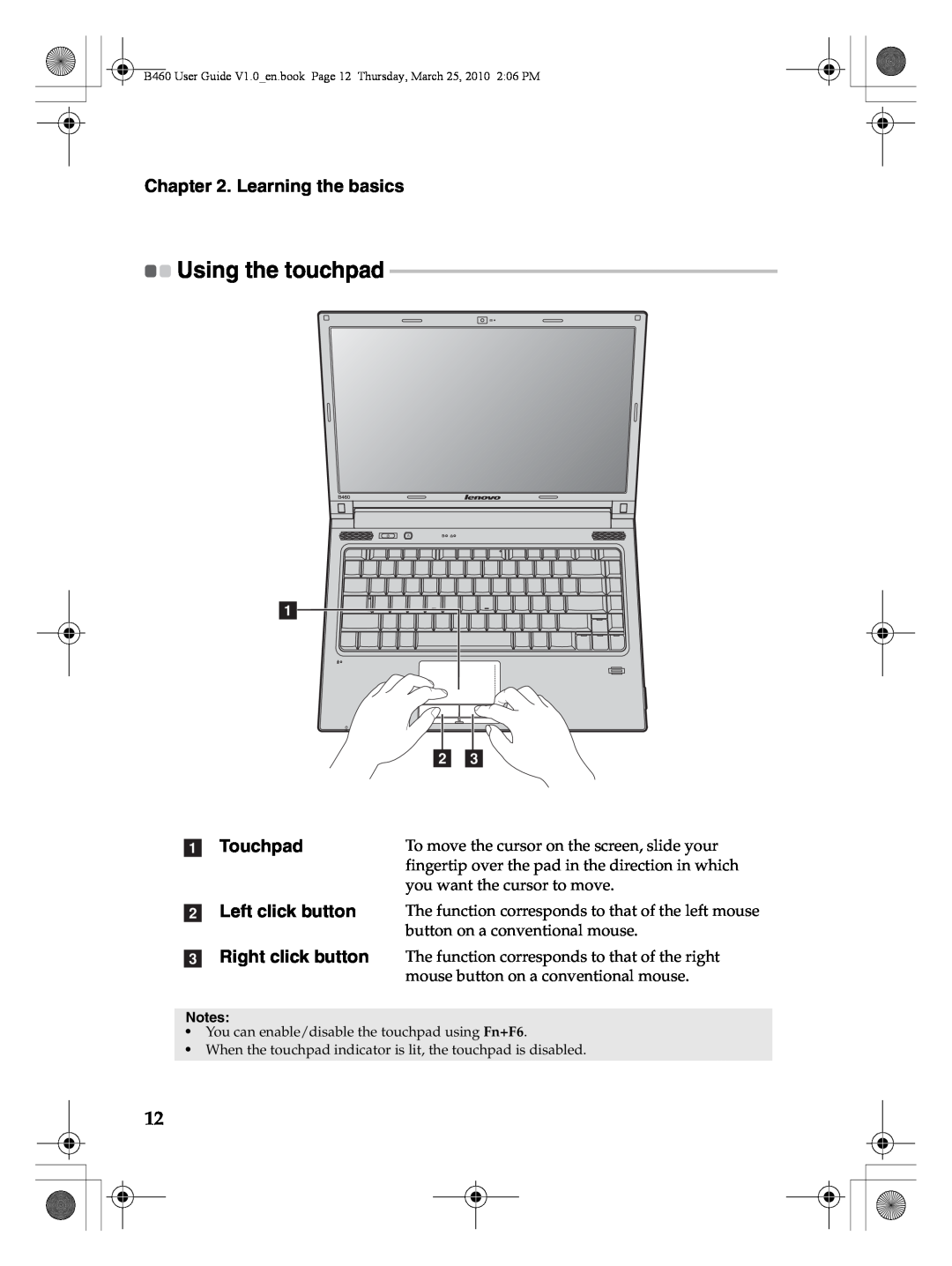 Lenovo B460 manual Using the touchpad, Learning the basics, a b c, a Touchpad 