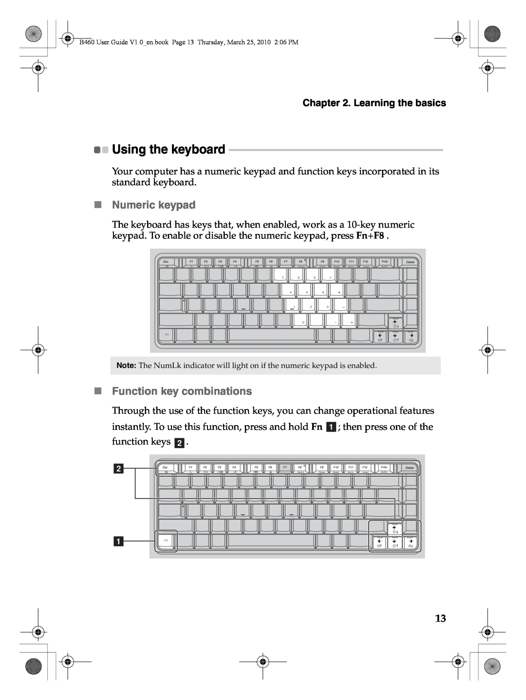 Lenovo B460 manual Using the keyboard, „ Numeric keypad, „ Function key combinations, Learning the basics 