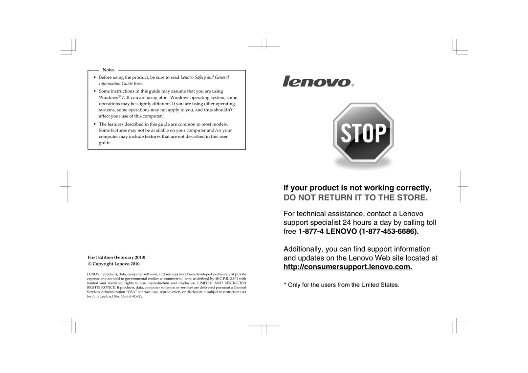Lenovo B460 Do Not Return It To The Store, If your product is not working correctly, http//consumersupport.lenovo.com 