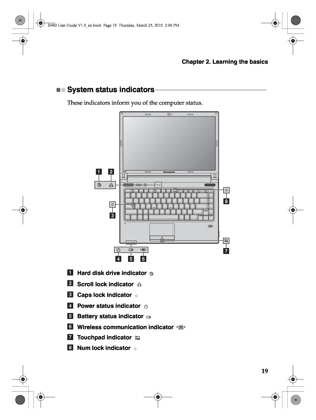 Lenovo B460 System status indicators, Learning the basics, a b h c g d e f, c Caps lock indicator d Power status indicator 