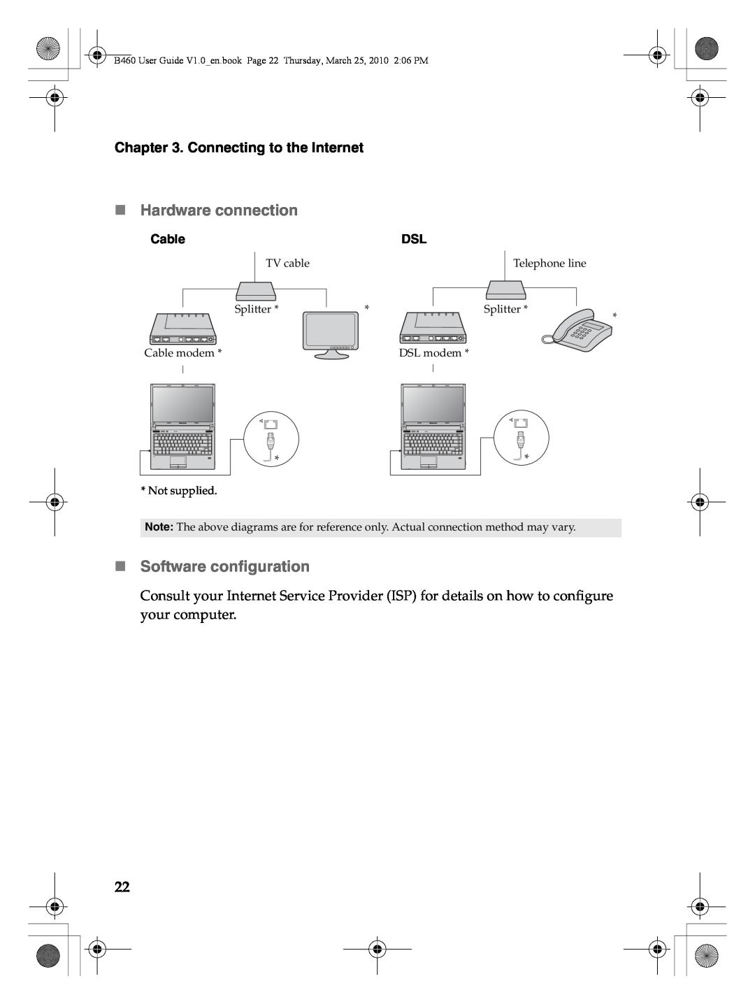 Lenovo B460 manual „ Hardware connection, „ Software configuration, Connecting to the Internet, Cable 