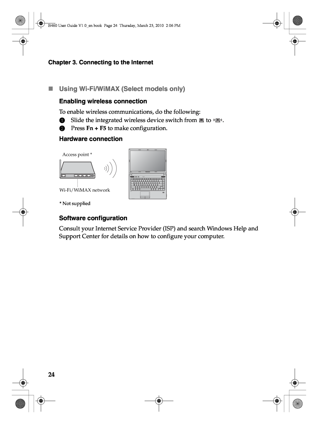 Lenovo B460 manual „ Using Wi-Fi/WiMAX Select models only Enabling wireless connection, Hardware connection 