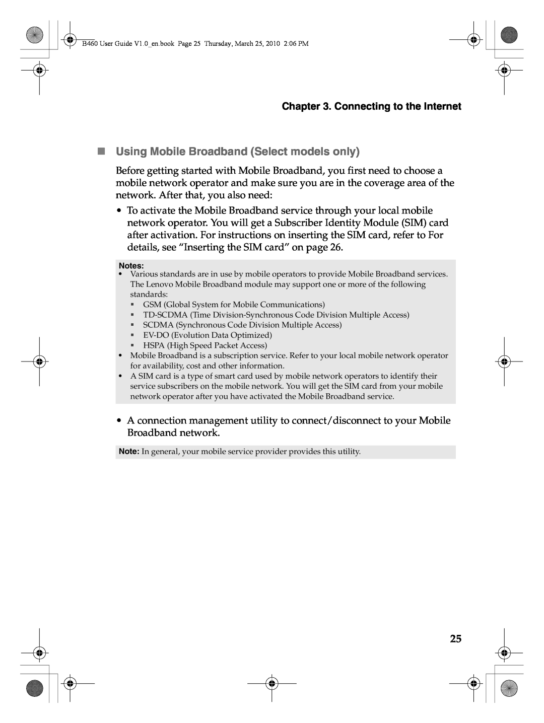 Lenovo B460 manual „ Using Mobile Broadband Select models only, Connecting to the Internet 