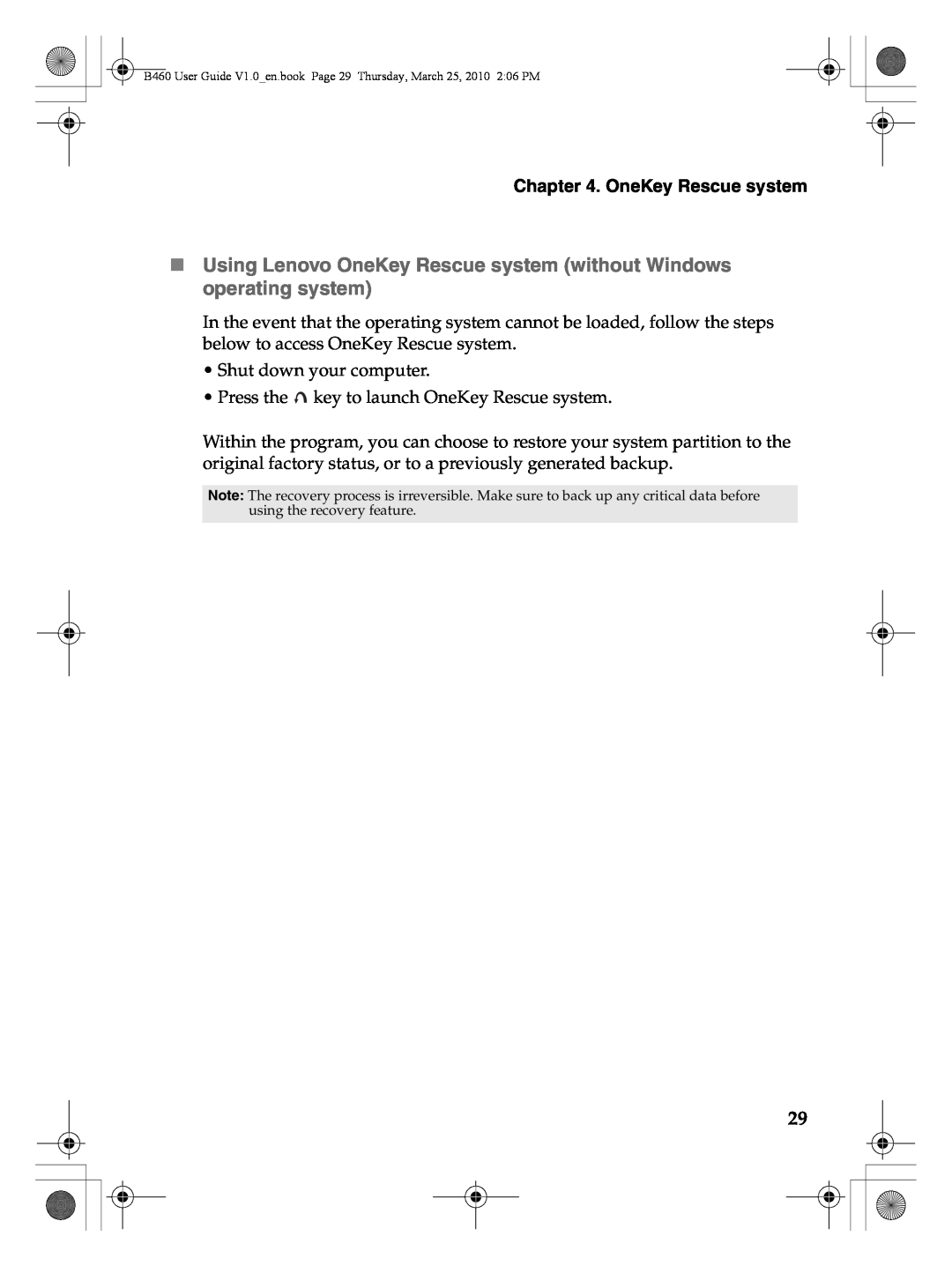 Lenovo B460 manual „ Using Lenovo OneKey Rescue system without Windows operating system 