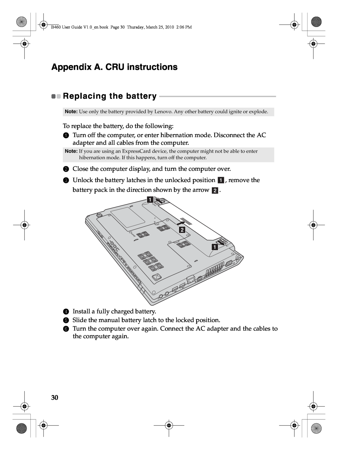 Lenovo B460 manual Appendix A. CRU instructions, Replacing the battery 