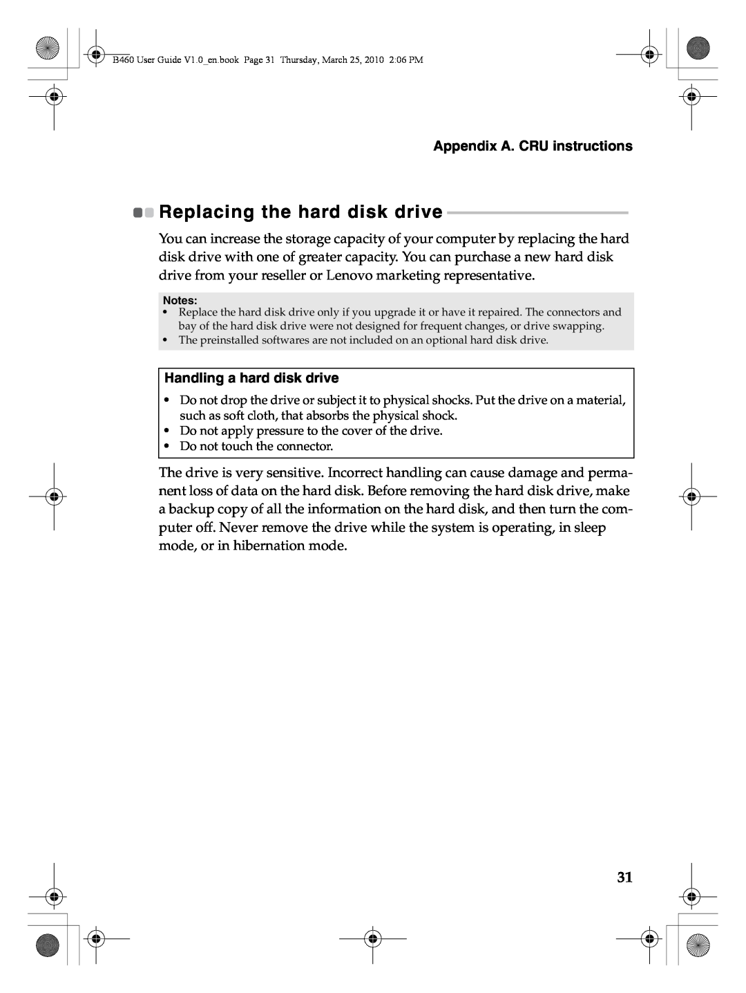 Lenovo B460 manual Replacing the hard disk drive, Appendix A. CRU instructions, Handling a hard disk drive 