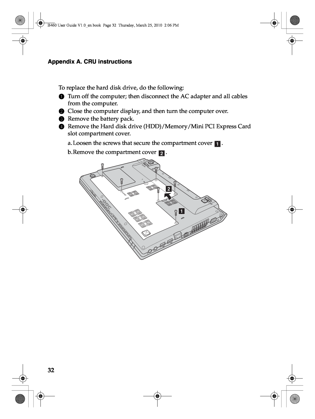Lenovo manual Appendix A. CRU instructions, B460 User Guide V1.0en.book Page 32 Thursday, March 25, 2010 206 PM 