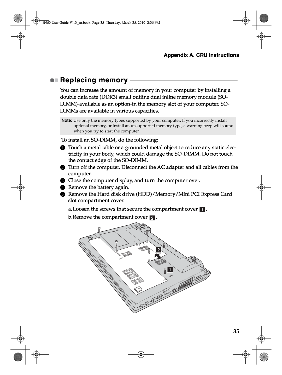 Lenovo B460 manual Replacing memory, Appendix A. CRU instructions 