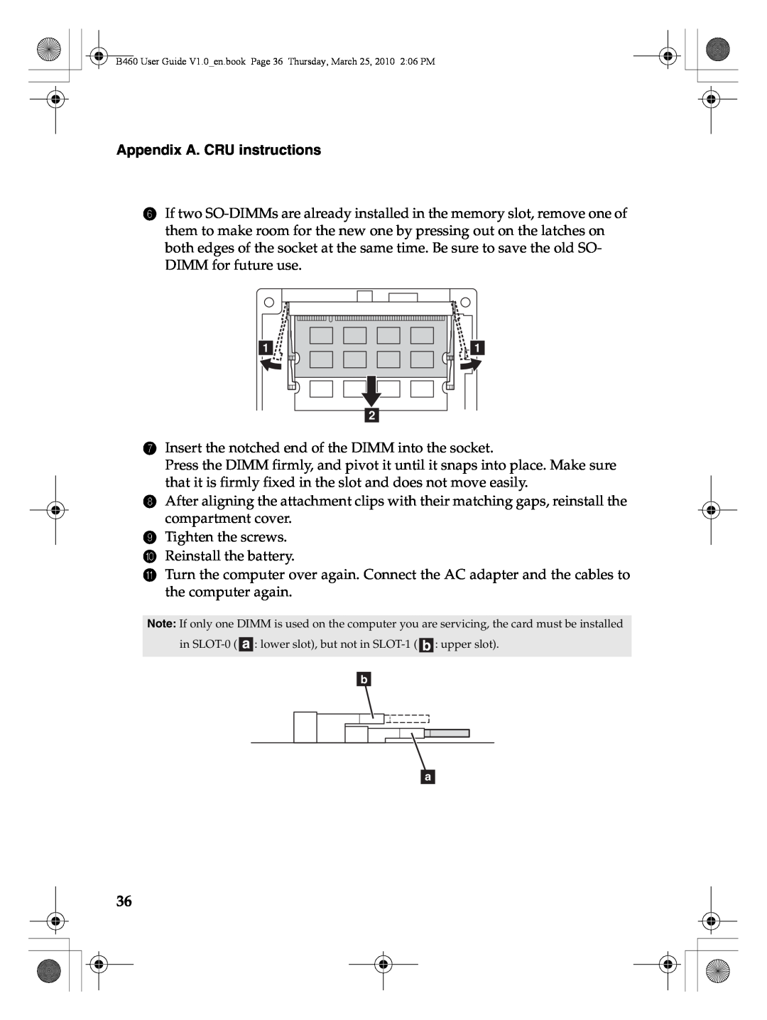 Lenovo B460 manual Appendix A. CRU instructions, Insert the notched end of the DIMM into the socket 