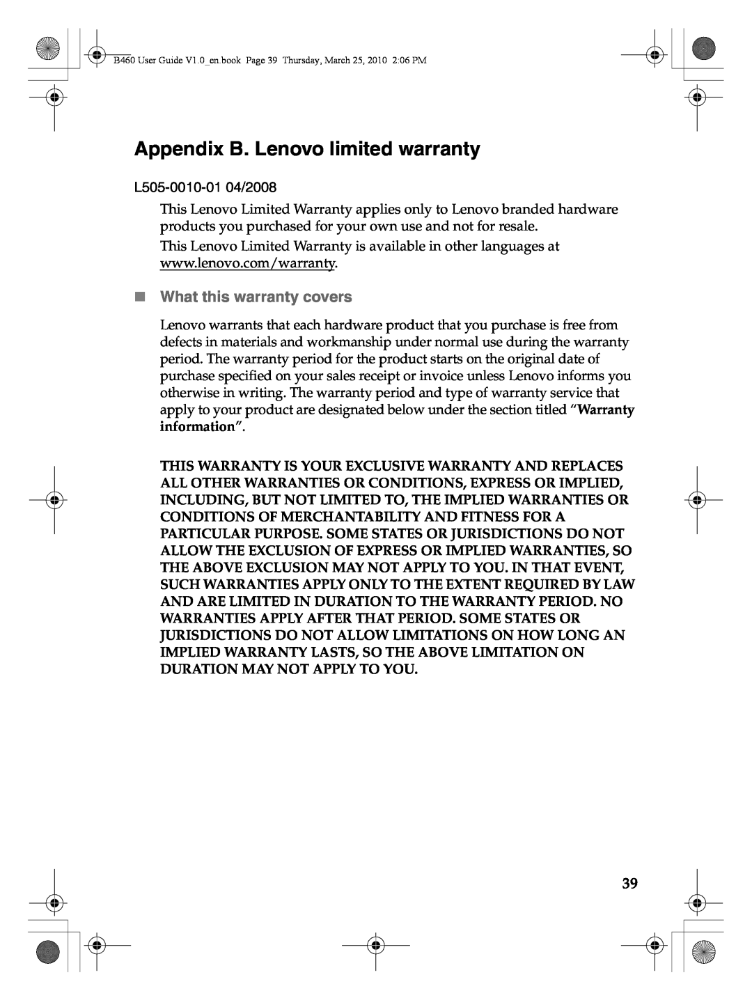 Lenovo B460 manual Appendix B. Lenovo limited warranty, „ What this warranty covers 
