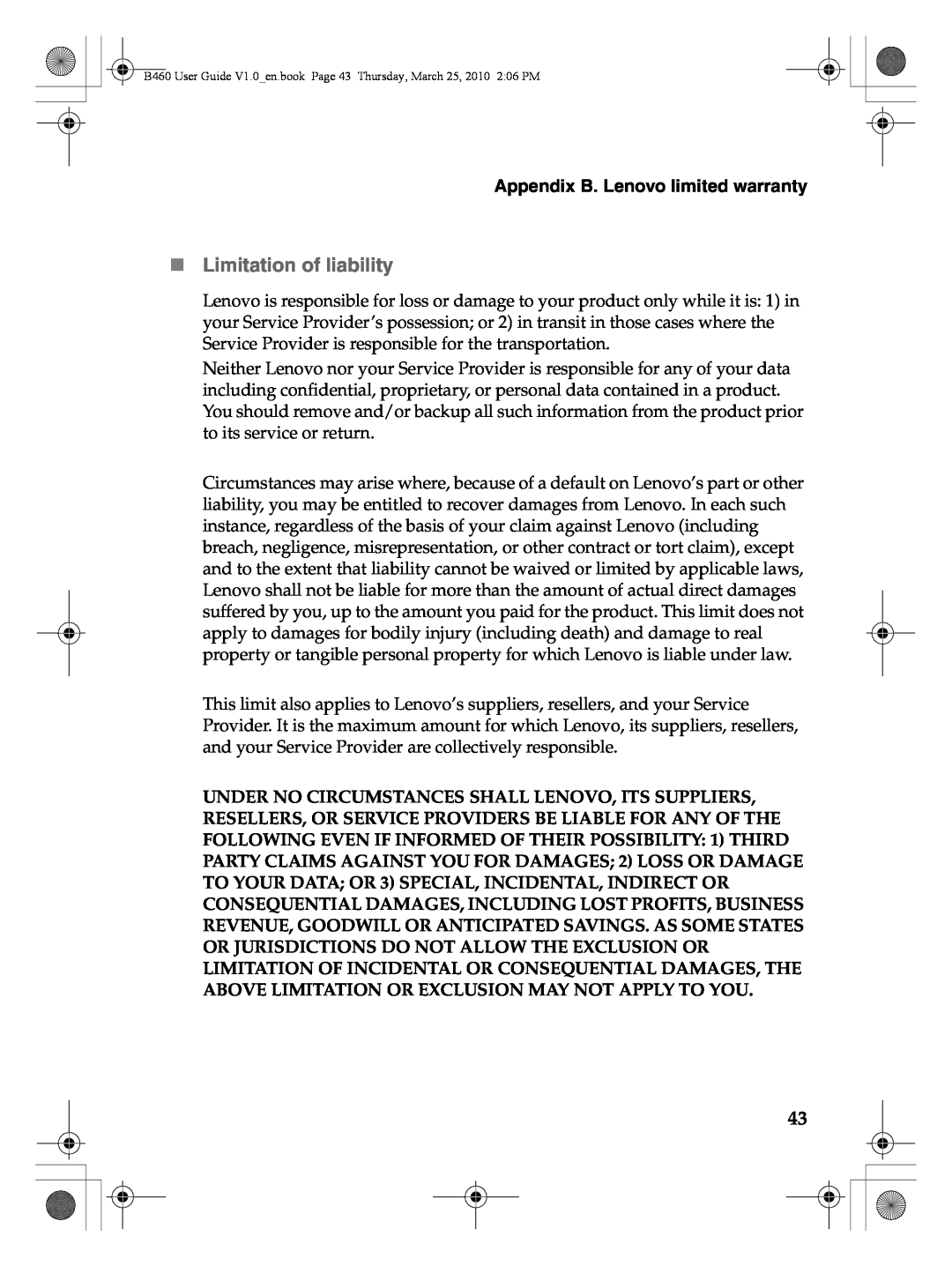 Lenovo B460 manual „ Limitation of liability, Appendix B. Lenovo limited warranty 