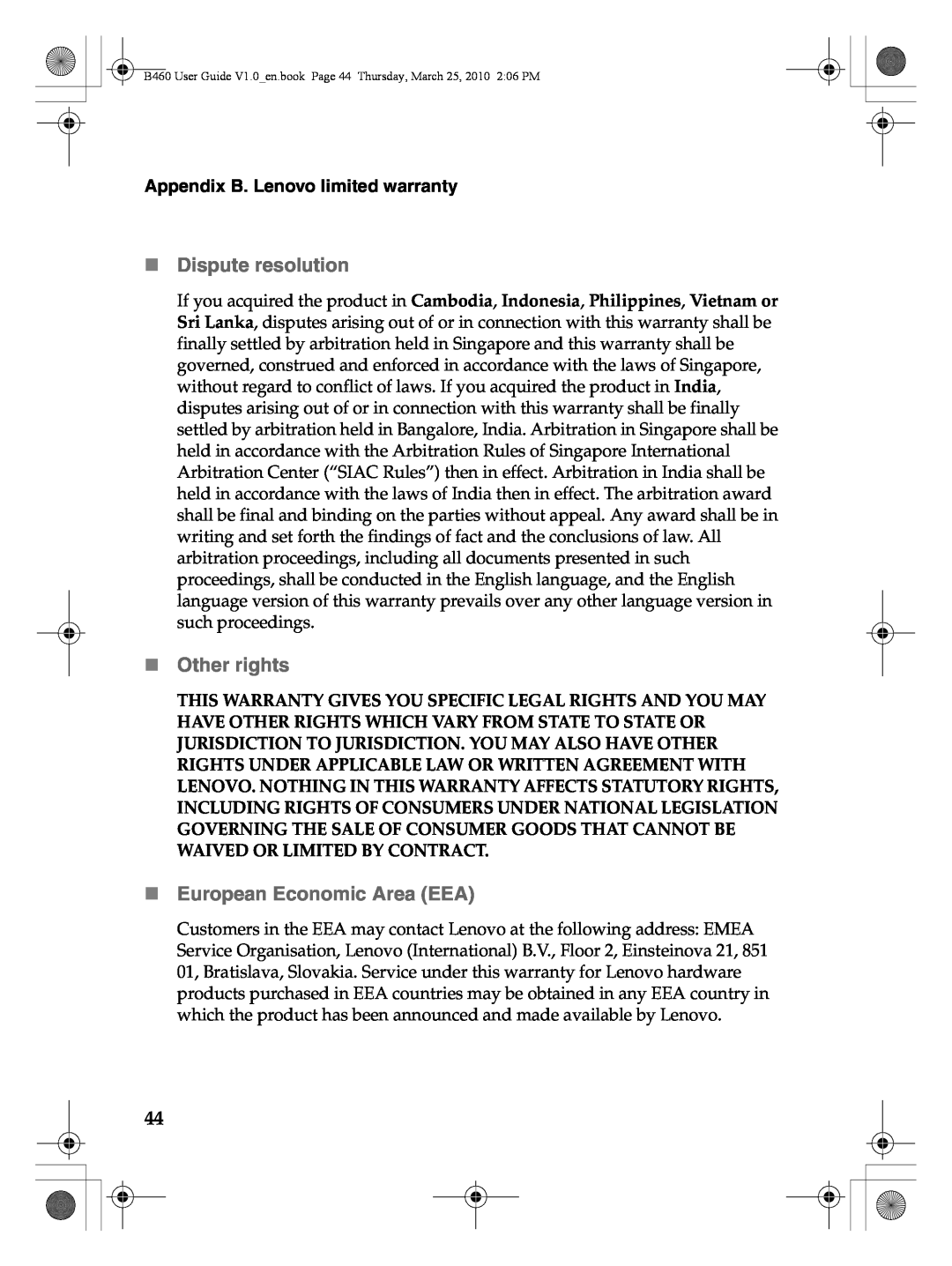 Lenovo B460 manual „ Dispute resolution, „ Other rights, „ European Economic Area EEA, Appendix B. Lenovo limited warranty 